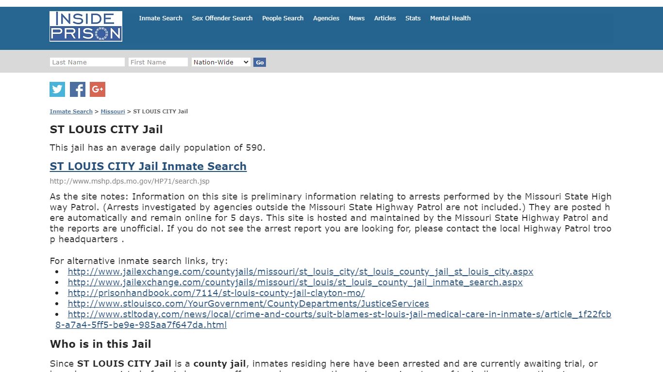 ST LOUIS CITY Jail - Missouri - Inmate Search